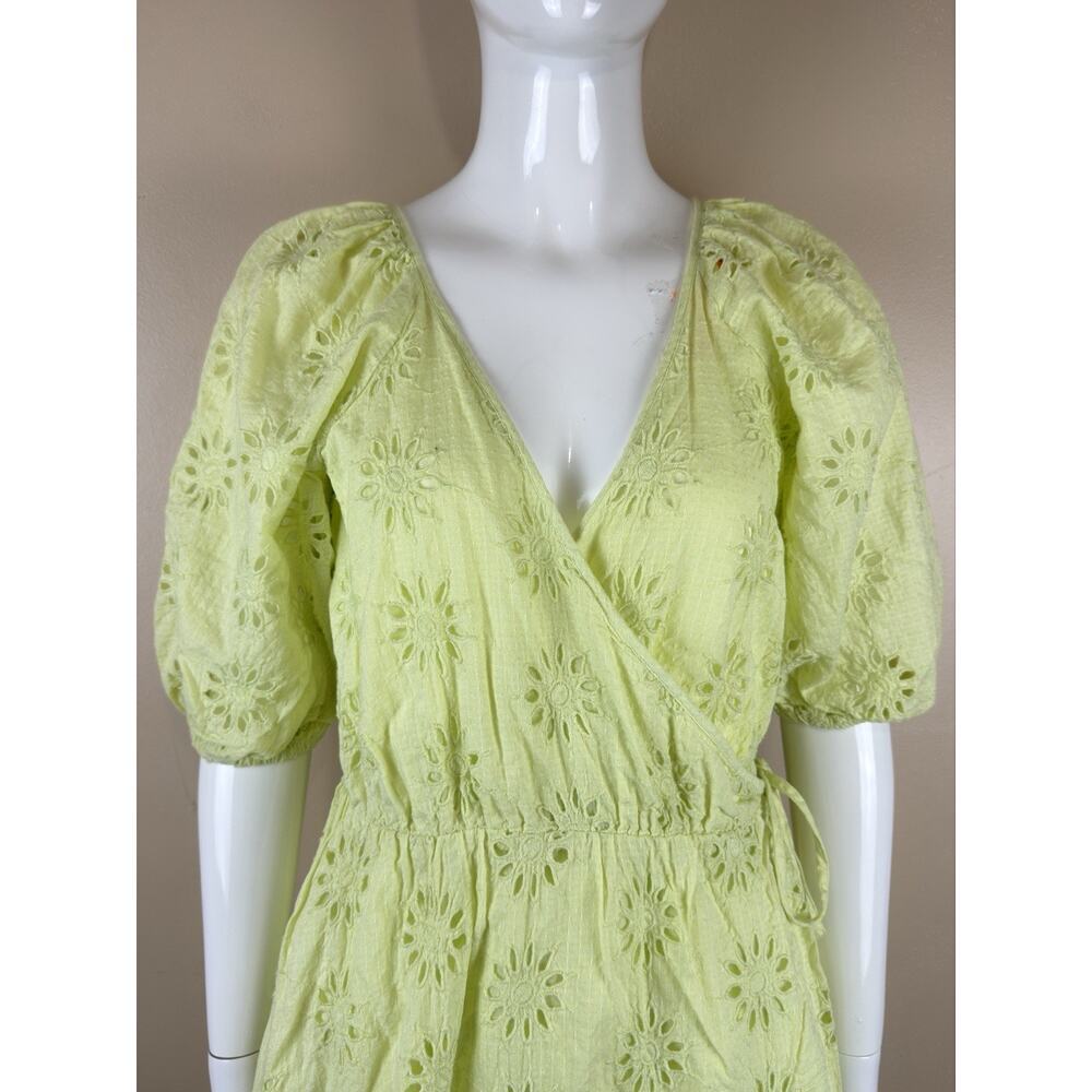 Zara Women’s XS Lime Green Eyelet Mini Wrap Dress Puff Sleeve Lined Cotton - Picture 2 of 13
